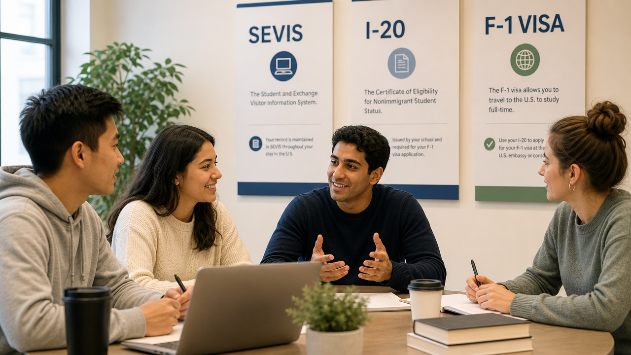 International students discussing F-1 paperwork with SEVIS, I-20, and F-1 visa references in the background