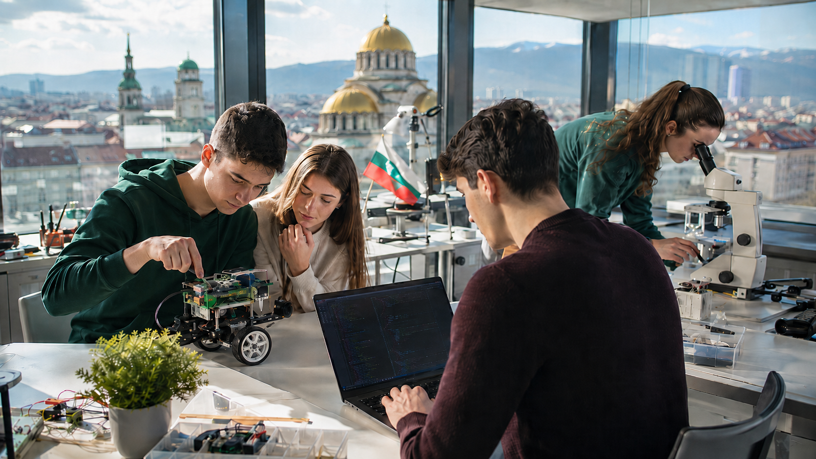 Bulgarian students working on robotics and technology in a lab overlooking Sofia